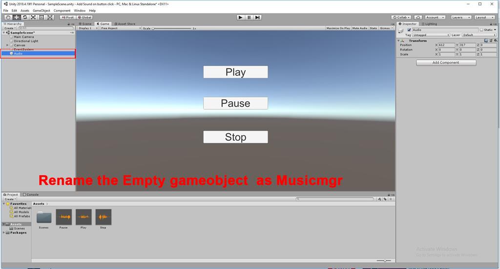 On Button Click Start The Audio Using C# Scripts In Unity